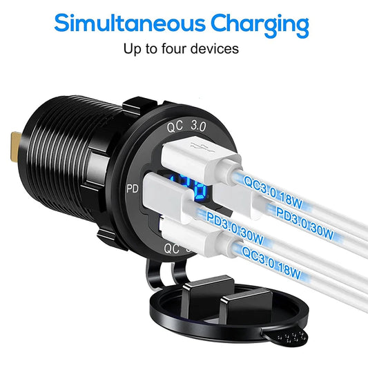 12V/24V USB C Car Charger Socket Waterproof USB Fast Charging Socket