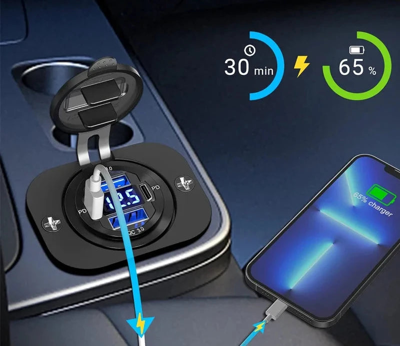 12V/24V USB C Car Charger Socket Waterproof USB Fast Charging Socket Dual PD3.0 & QC3.0 Power Outlet Adapter with LED Voltmeter