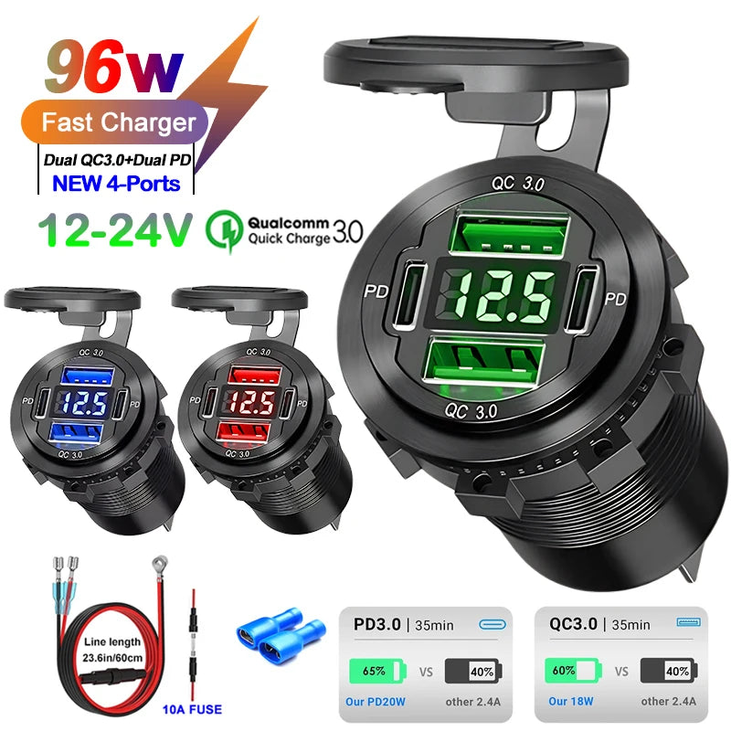 12V/24V USB C Car Charger Socket Waterproof USB Fast Charging Socket Dual PD3.0 & QC3.0 Power Outlet Adapter with LED Voltmeter
