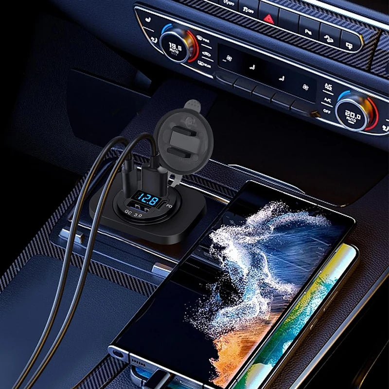 12V/24V USB C Car Charger Socket Waterproof USB Fast Charging Socket Dual PD3.0 & QC3.0 Power Outlet Adapter with LED Voltmeter