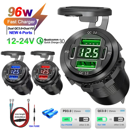 12V/24V USB C Car Charger Socket Waterproof USB Fast Charging Socket